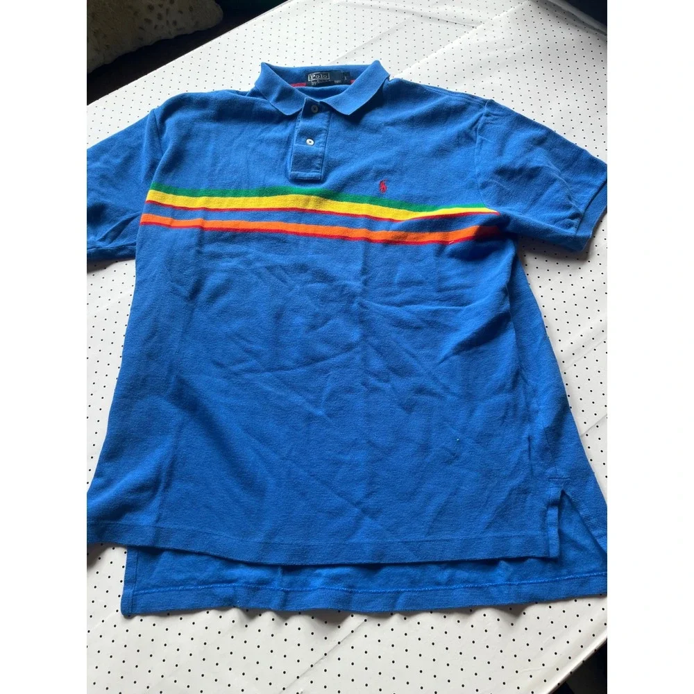 Polo Ralph Lauren Mens Blue Rainbow Multi Stripe Cotton Pique Polo Shirt Large
